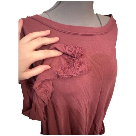 Free People Slouchy Tunic Small Smokey Wings Shirred Hem Crochet Dolman maroon - Picture 4 of 6